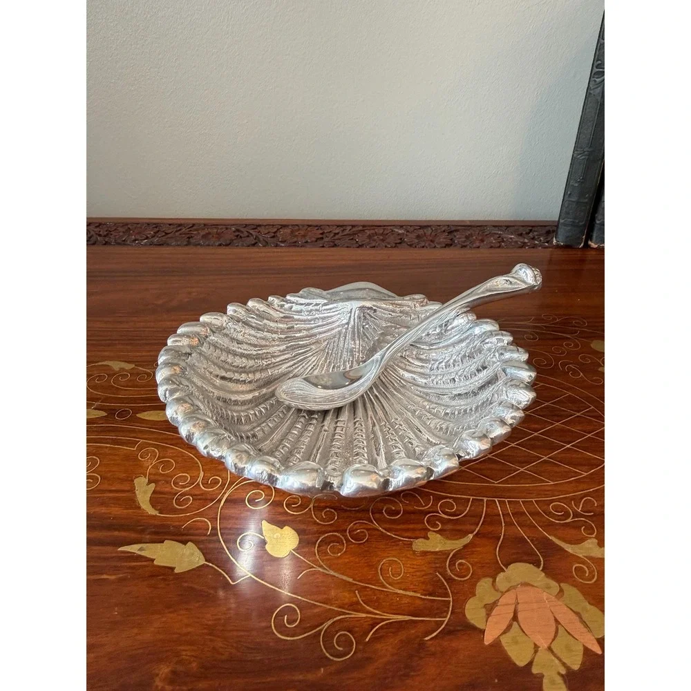 Vintage Shell Dish with‎ Spoon, Hand Cast Metal Scallop Bowl